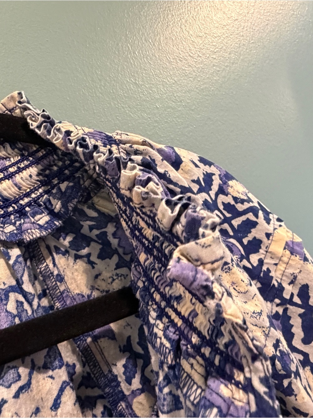 Free People Blue and Cream Floral Smocked-Neck Peasant Top - Picture 6 of 6